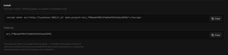 The install panel in Falorb's property settings, showing the generated script tag ready to copy.