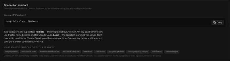 A connect-an-assistant panel showing the MCP client configuration block to copy.