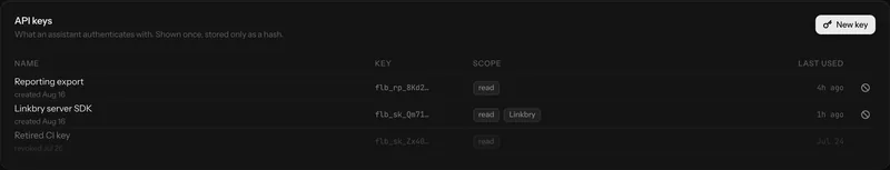 An API keys panel listing issued keys by prefix, with scopes, creation date and revocation controls.