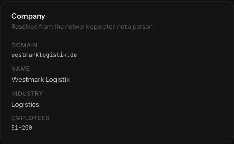 A company panel identifying the organisation associated with a visitor's network.