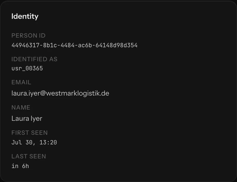 An identities panel listing the aliases attached to a person: device ids, an identify id and their kinds.