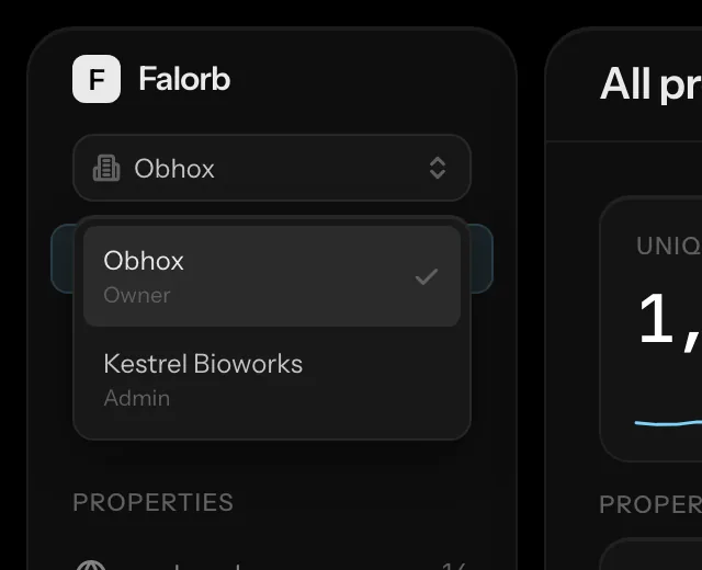 The workspace switcher open, listing two organizations with their property counts.