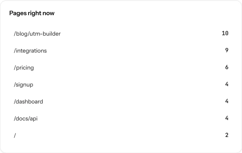 A panel listing the pages with visitors on them right now, ranked by concurrent visitors.