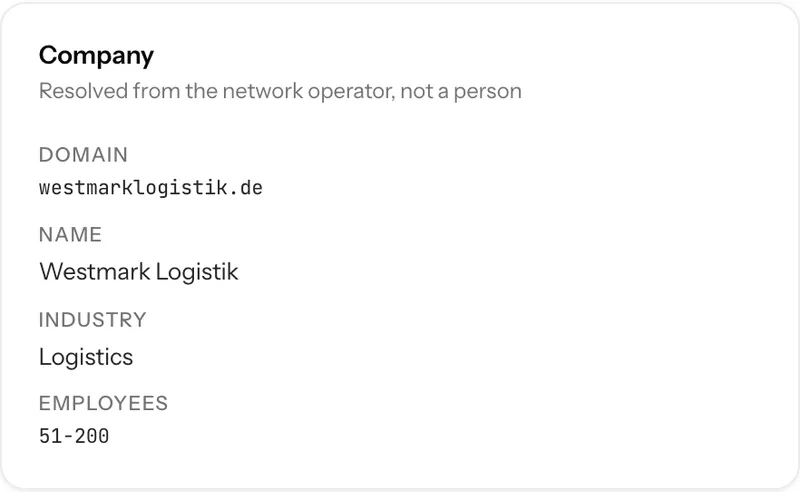 A company panel identifying the organisation associated with a visitor's network.