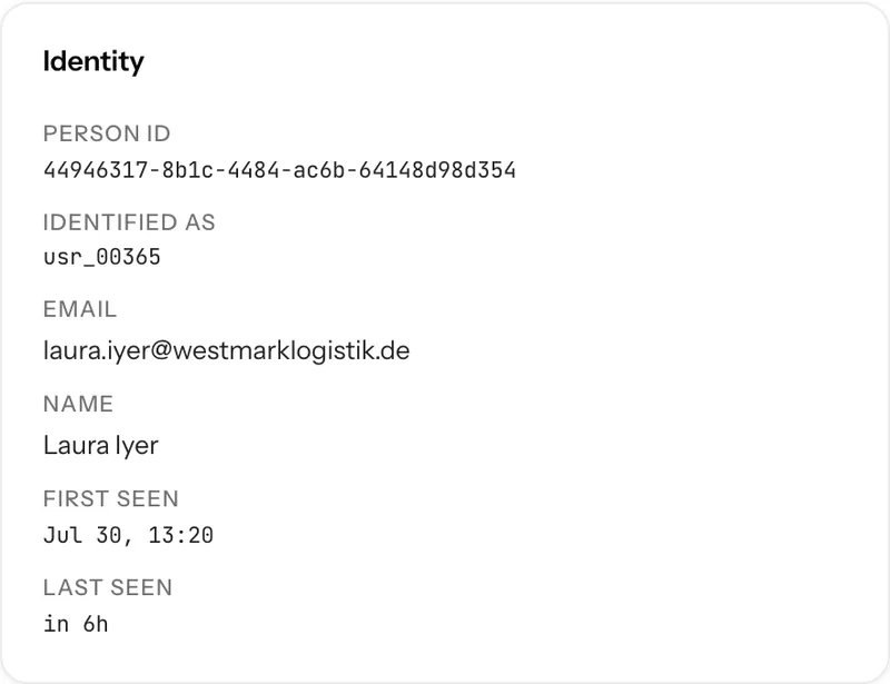 An identities panel listing the aliases attached to a person: device ids, an identify id and their kinds.