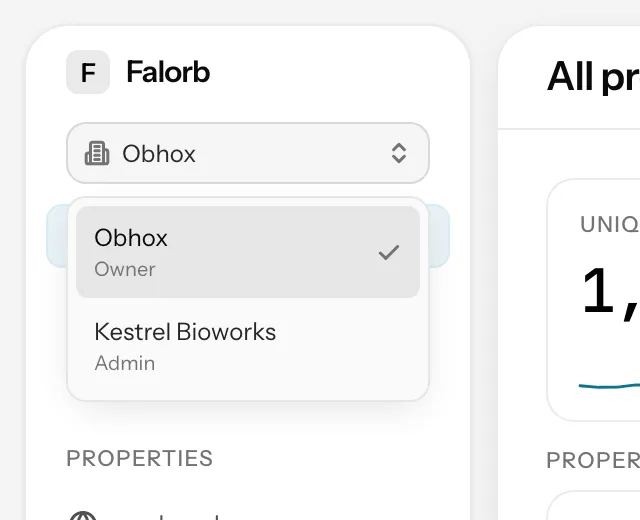 The workspace switcher open, listing two organizations with their property counts.