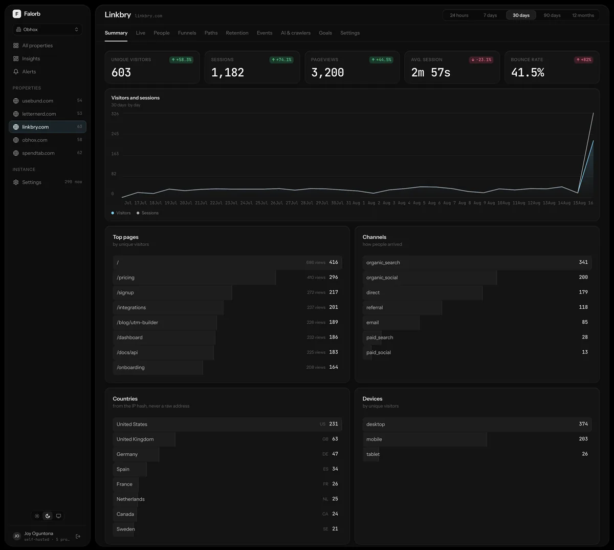Property summary. Totals, a visitors-and-sessions trend at an interval chosen to fit the range, and four breakdowns: top pages, channels, countries, devices.