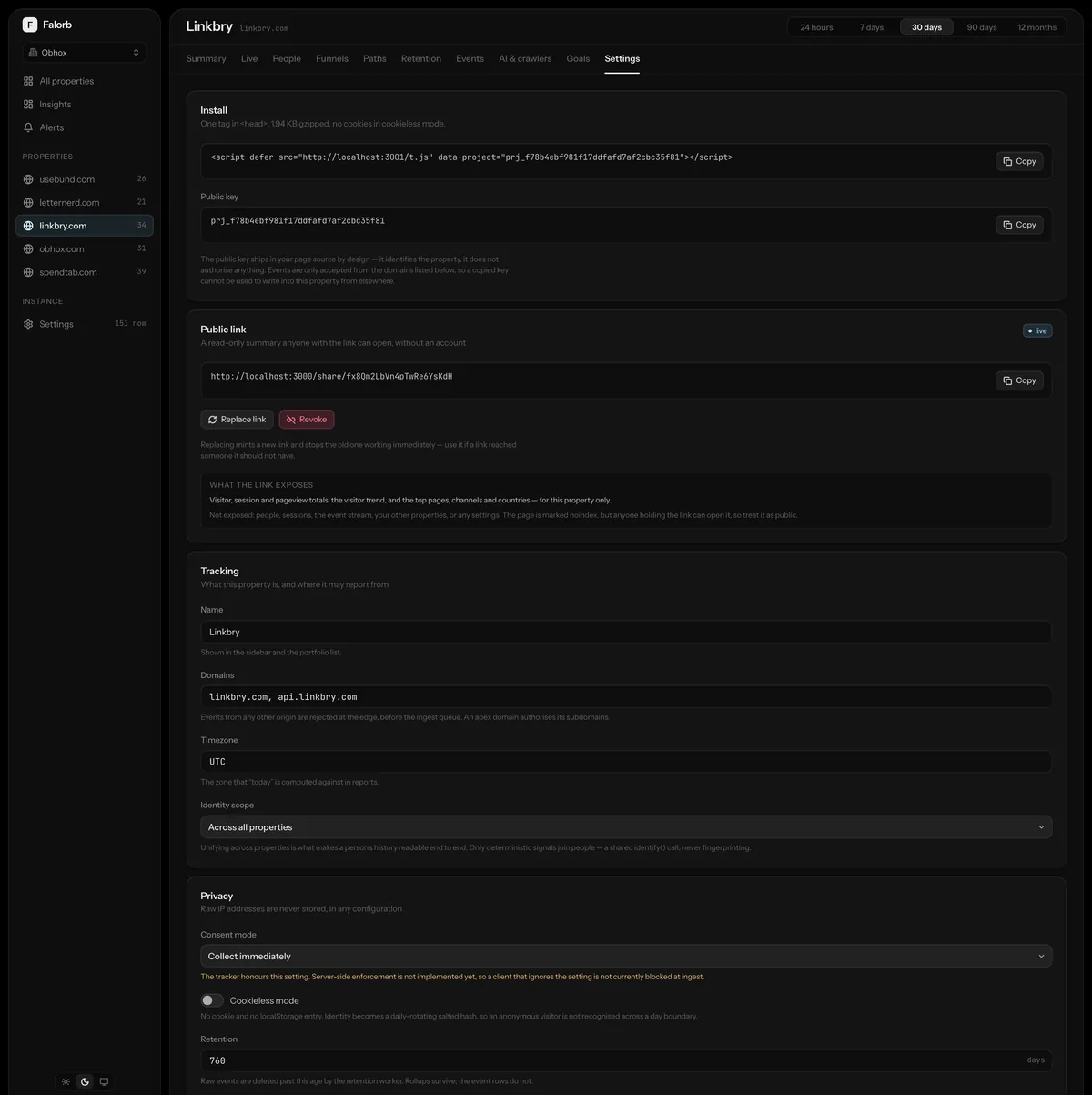 Property settings. The install snippet, the public share link, allowed domains, timezone, identity scope, consent mode and retention, per property.