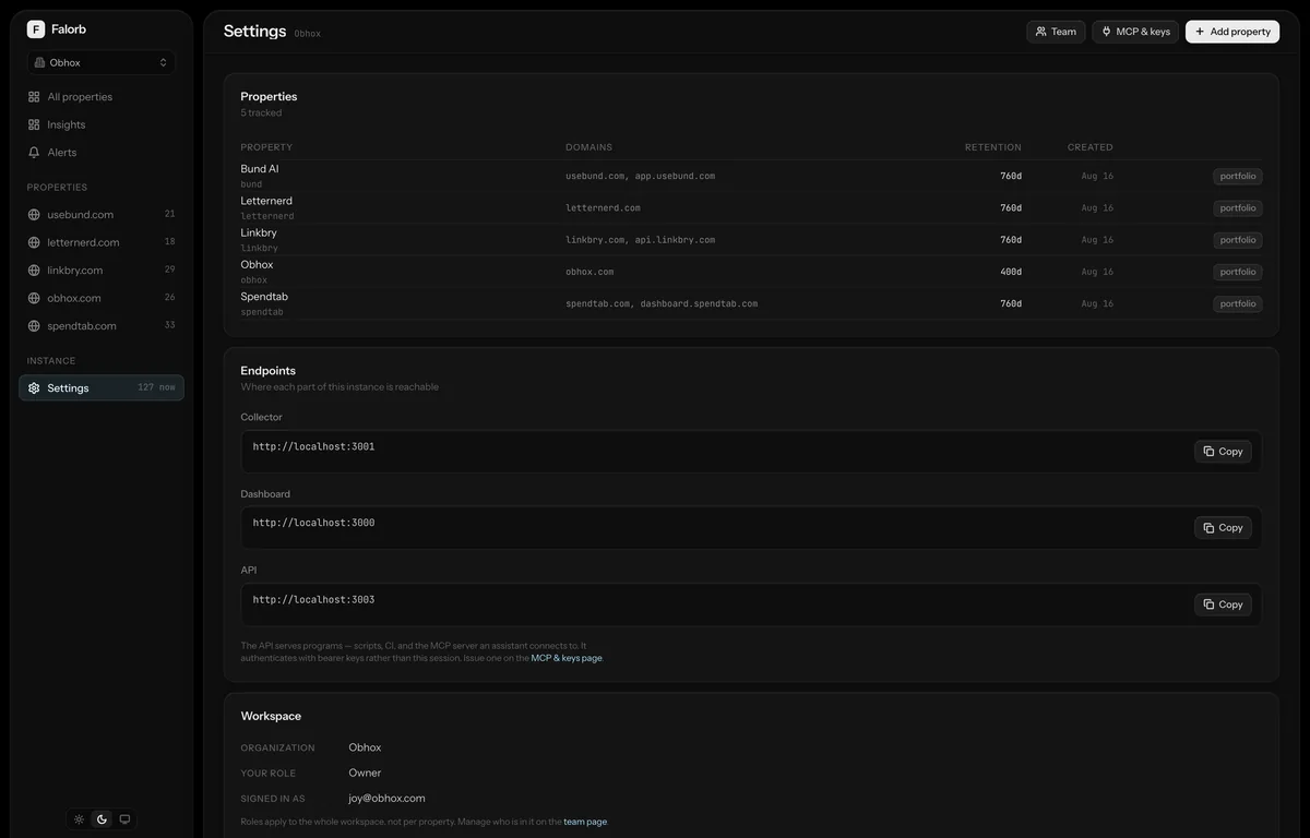 Instance settings. Properties, the collector and dashboard endpoints for this deployment, and the workspace itself.