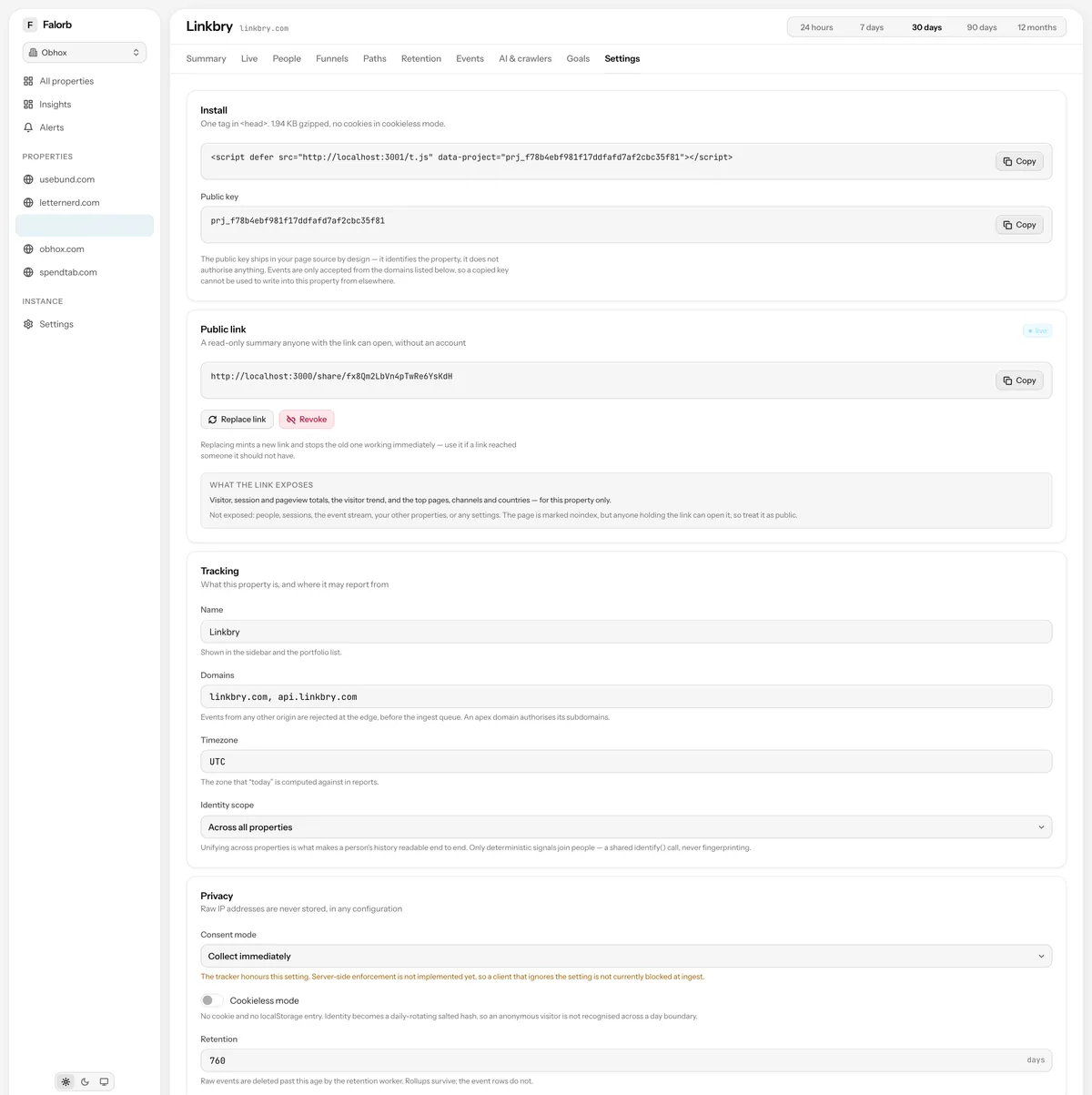 Property settings. The install snippet, the public share link, allowed domains, timezone, identity scope, consent mode and retention, per property.