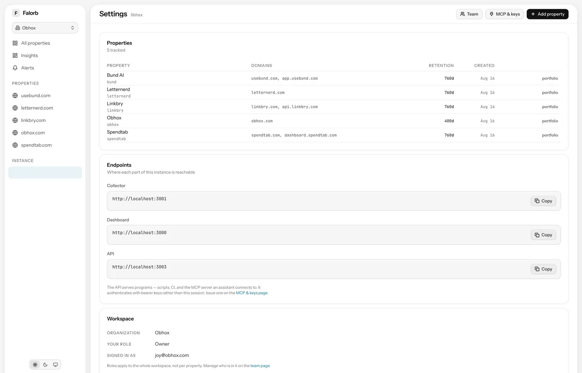 Instance settings. Properties, the collector and dashboard endpoints for this deployment, and the workspace itself.