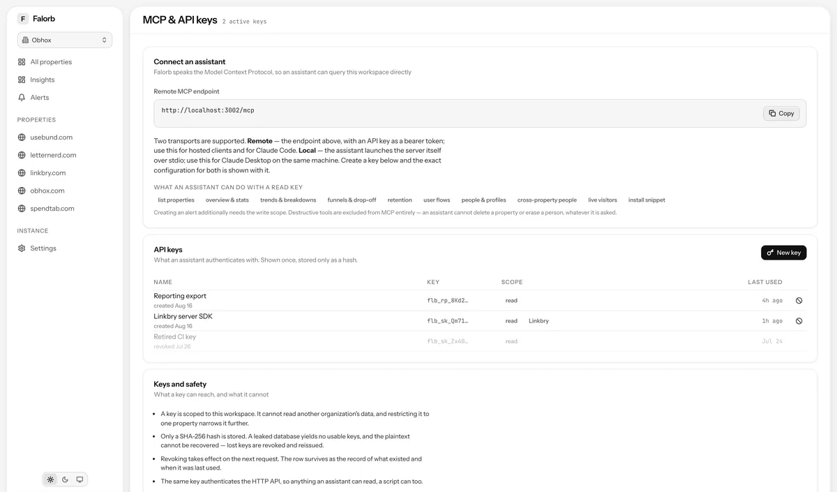 MCP & API keys. The configuration block to connect an AI assistant, and the keys it would use, shown once on creation and listed by prefix afterwards.